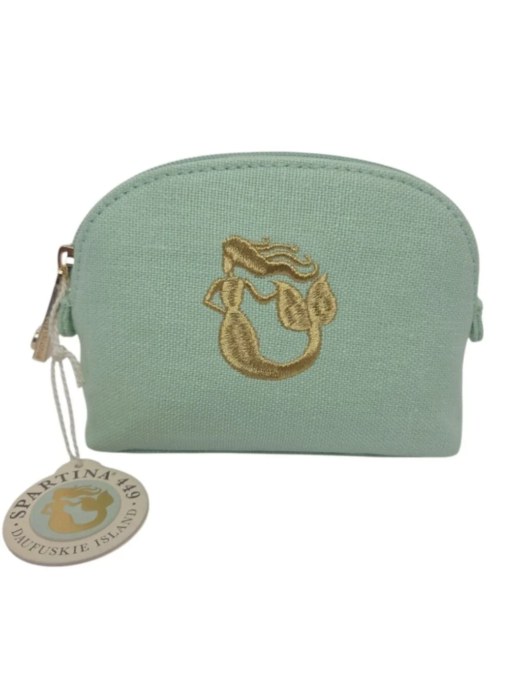 Spartina 449 Cosmetic Case Small Gold Metallic Embroidered Mermaid Seafoam NEW